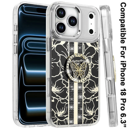 Phone Case for Apple iPhone 18 Pro Floral Butterfly Ring Stand Glitter Bling Shockproof Hybrid Luxury Fashion Protective Anti Slip Durable Grip Cover