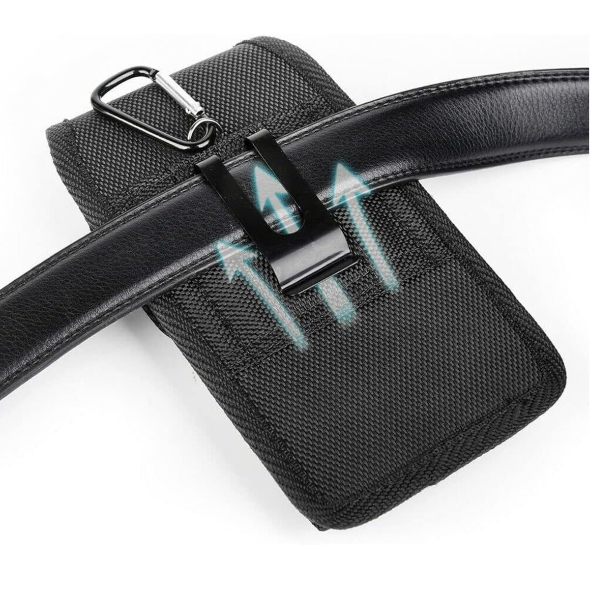 For Apple iPhone 16 Plus (6.7") Vertical Nylon Canvas Holster Universal Cell Phone Pouch Velcro Closure with Credit Card Slot & Belt Clip Loop Carabiner [Black]