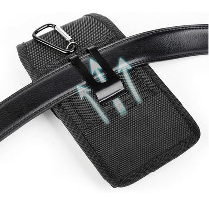 For Apple iPhone 16 Plus (6.7") Vertical Nylon Canvas Holster Universal Cell Phone Pouch Velcro Closure with Credit Card Slot & Belt Clip Loop Carabiner [Black]