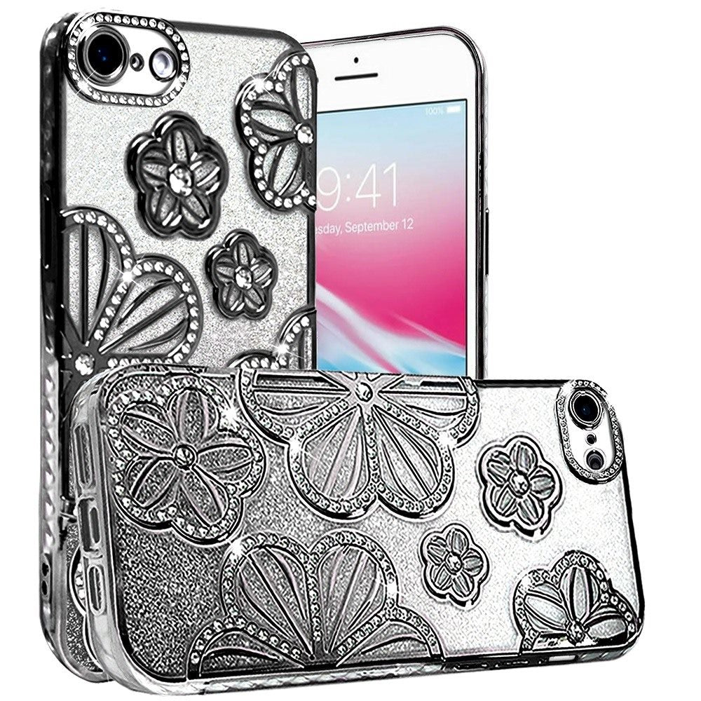 Phone Case for Apple iPhone SE 3 (2022) SE/8/7 Shimmer Glitter Floral Thick TPU Shockproof Durable Grip Camera Protection Anti-Scratch Stylish Design Cover