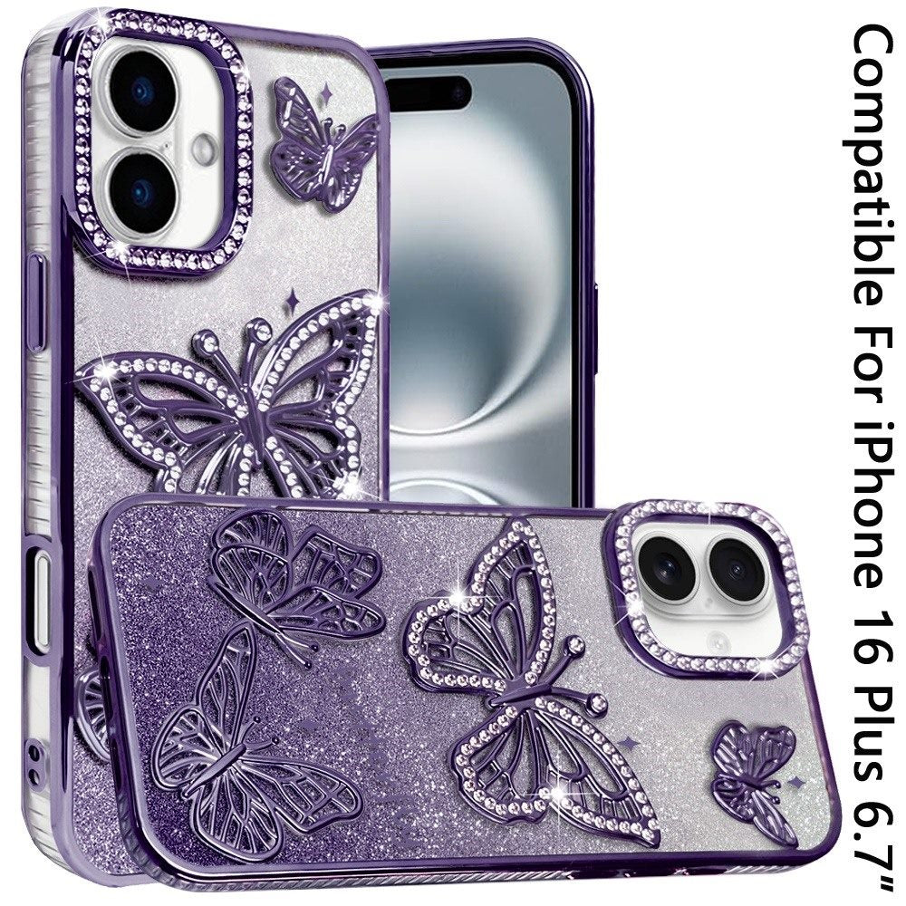 Phone Case for Apple iPhone 16 Plus Butterfly Freedom Shimmer Glitter Thick TPU Shockproof Anti Slip Durable Protective Design Cover Purple
