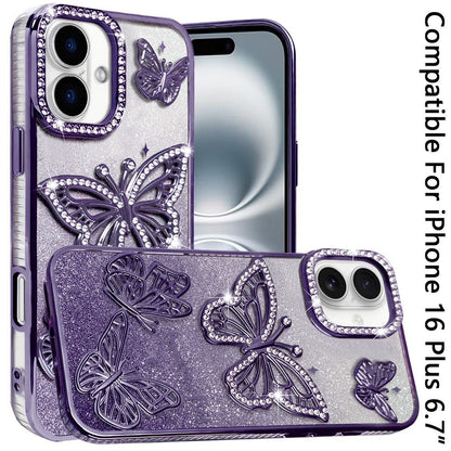 Phone Case for Apple iPhone 16 Plus Butterfly Freedom Shimmer Glitter Thick TPU Shockproof Anti Slip Durable Protective Design Cover Purple