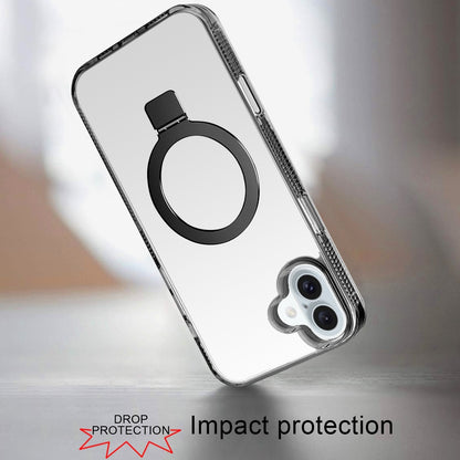 For Apple iPhone 17 (6.3") Transparent Magnetic Ring Circle Stand with MagSafe Compatible Hybrid Dotted Edged Hard PC Shockproof Case Cover Black