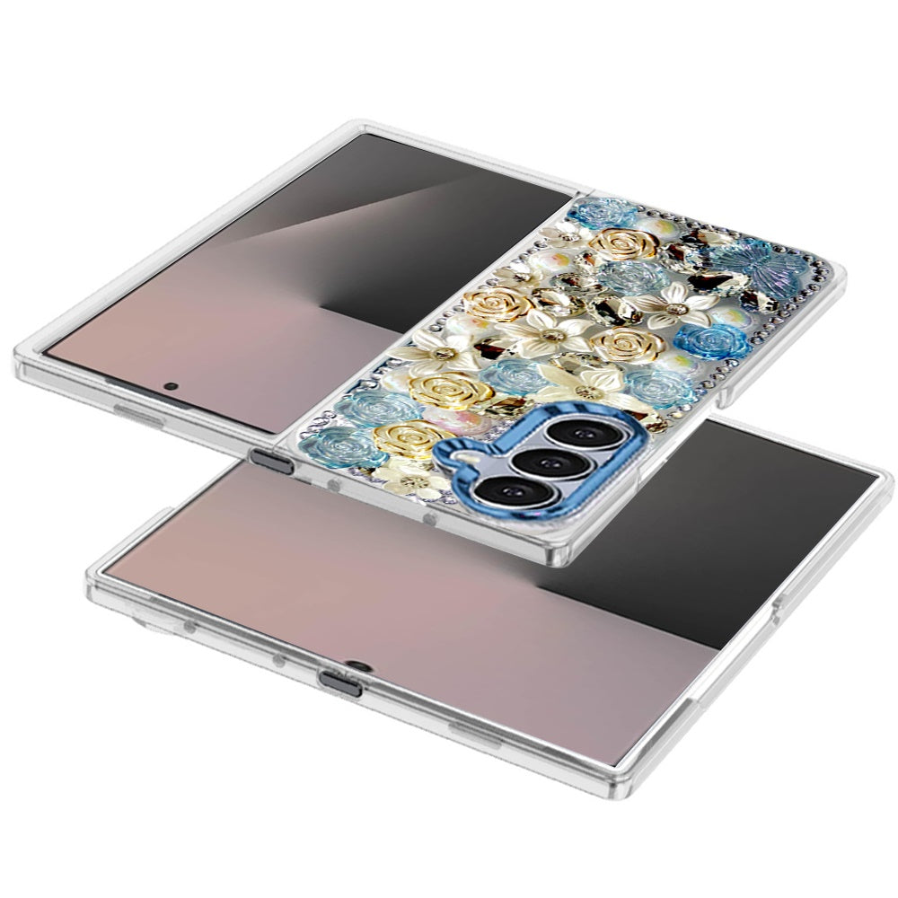 For Samsung Galaxy Z Fold 7 3D Diamond Floral Roses Flower Bling Stone Hybrid, Sparkly Rhinestone Gemstone Back Shockproof Case Cover