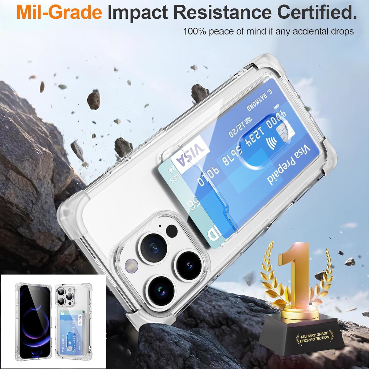 For Apple iPhone 16 Pro (6.3") Wallet Clear Case with Credit Card Holder Rubber Silicone TPU Protection Corner Bumper Shockproof Case Cover