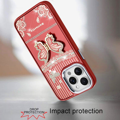 For iPhone 14 Pro Max (6.7") Glitter 3D Butterfly Design Bling Metallic Edge Hybrid Stand Drop Protection TPU Shockproof Case Cover Red