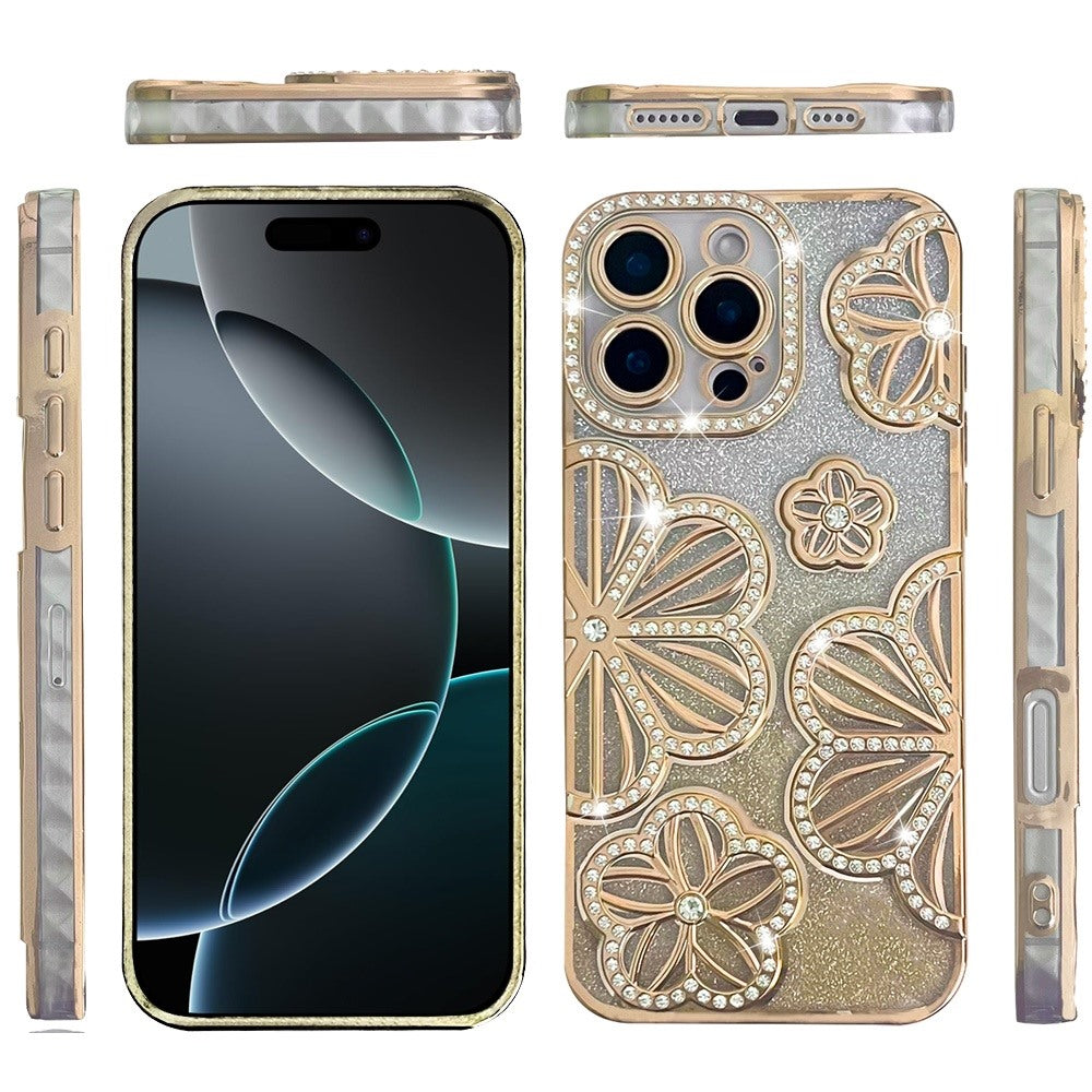 Phone Case for Apple iPhone 16 Pro Max Shimmer Glitter Floral Thick TPU Grip Cover Gold