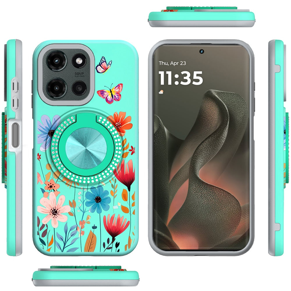 For Motorola Moto G Stylus 5G 2025 Pattern Design Hybrid with Invisible Ring Stand & Magnetic Back, Shockproof Protective Grip Case Cover