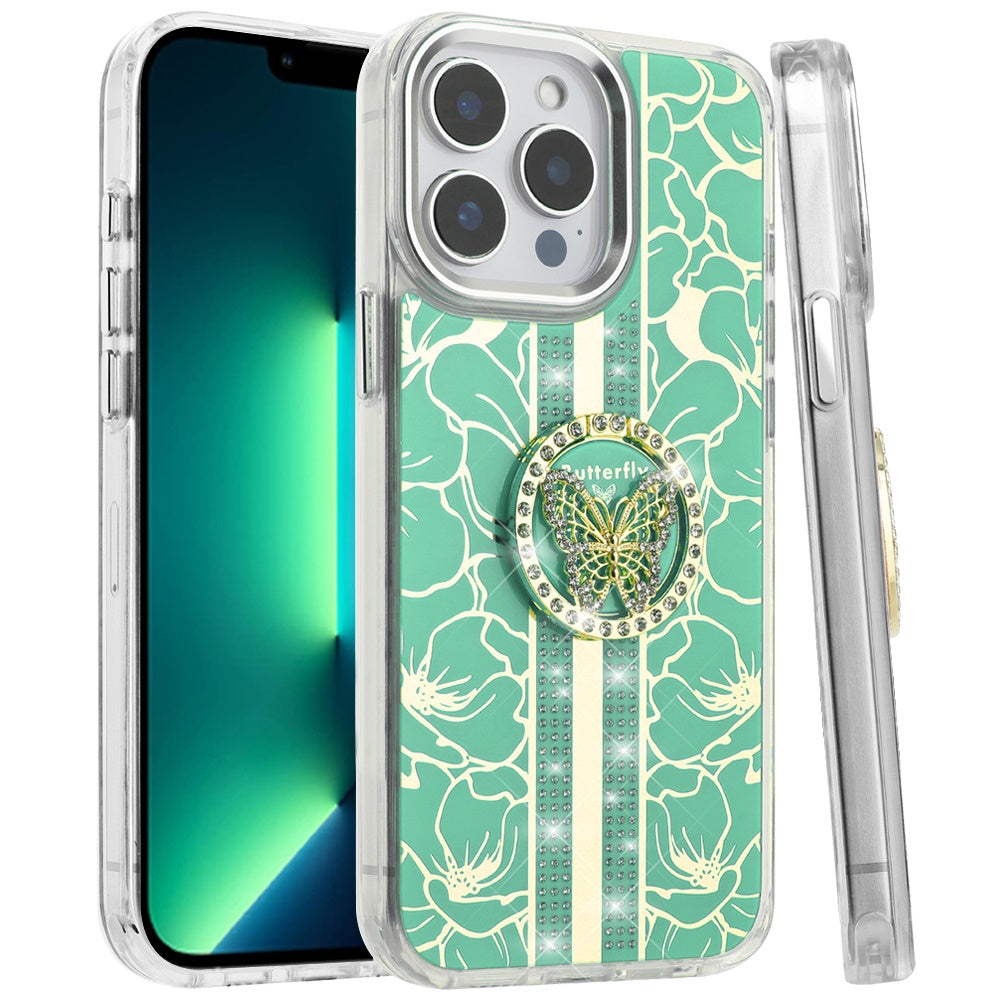 For Apple iPhone 13 Pro Max Diamonds 3D Butterfly Floral Design Bling Sparkly Glitter Hybrid Metal Fashion with Ring Stand Case Cover