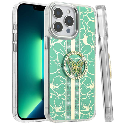 For Apple iPhone 15 Pro Max Diamonds 3D Butterfly Floral Design Bling Sparkly Glitter Hybrid Metal Fashion with Ring Stand Case Cover