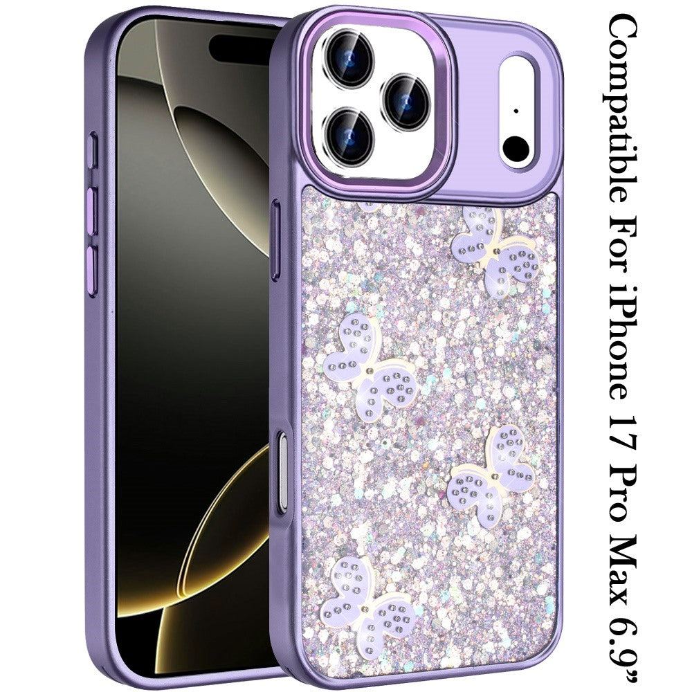 For Apple iPhone 17 Pro Max (6.9") Cute Butterfly Crystal Diamond Glitter Case Sparkle Bling Frame Metallic Edges, Shimmer TPU Hybrid Case Cover