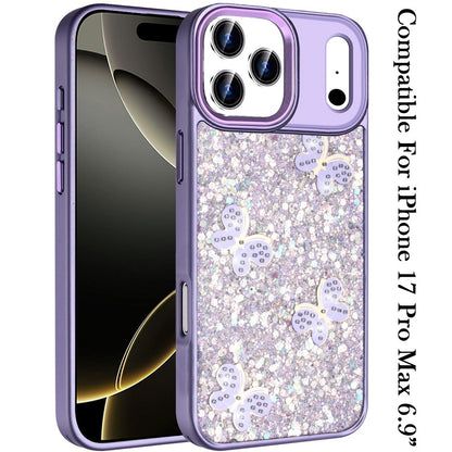 For Apple iPhone 17 Pro Max (6.9") Cute Butterfly Crystal Diamond Glitter Case Sparkle Bling Frame Metallic Edges, Shimmer TPU Hybrid Case Cover