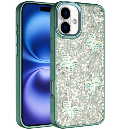 For Apple iPhone 17 (6.3") Cute Butterfly Crystal Diamond Glitter Case Sparkle Bling Frame Metallic Edges, Shimmer TPU Hybrid Case Cover