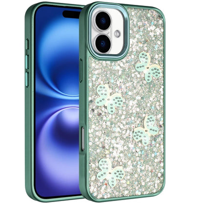 For Apple iPhone 17 (6.3") Cute Butterfly Crystal Diamond Glitter Case Sparkle Bling Frame Metallic Edges, Shimmer TPU Hybrid Case Cover