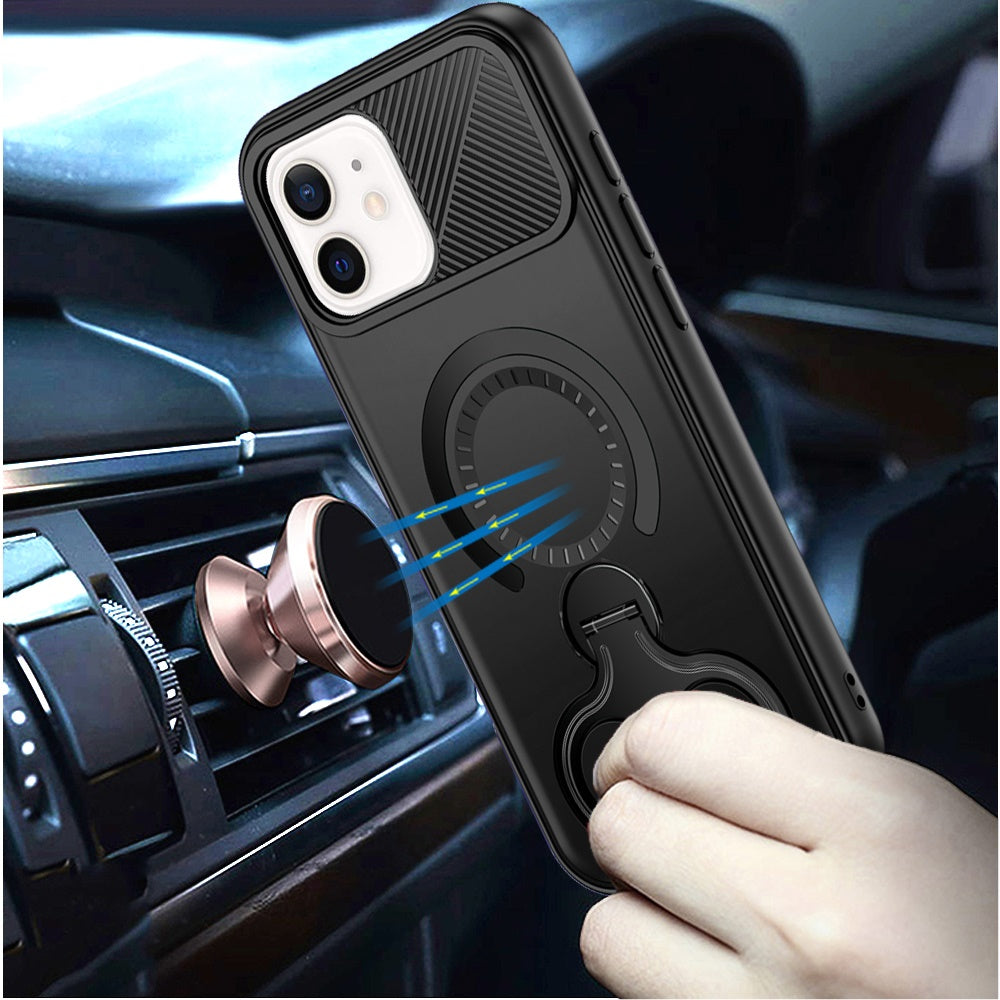 For Apple iPhone 11 Hybrid with Invisible 2 Hole Ring Stand Magnetic back Car Mount Friendly Protector Case Cover Black