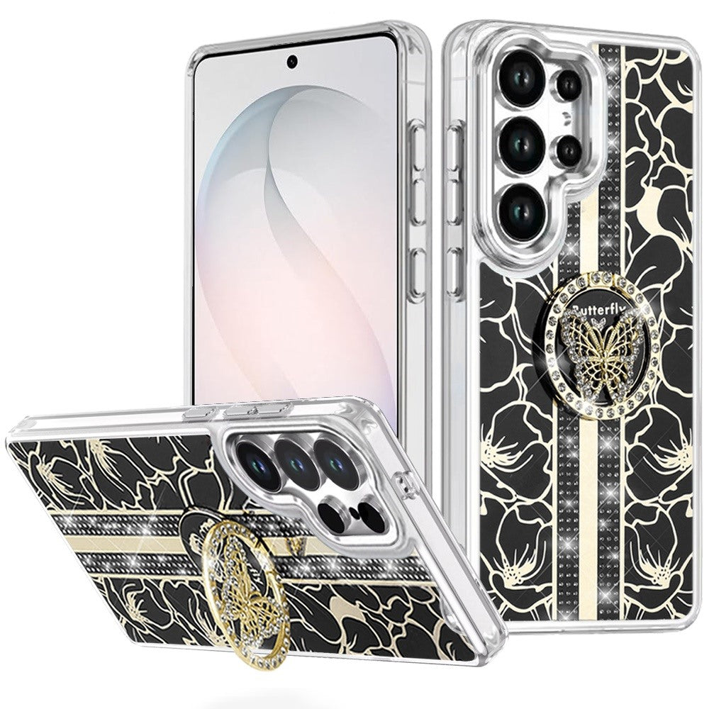 For Samsung Galaxy S26 Ultra Diamonds 3D Butterfly Floral Design Bling Sparkly Glitter Hybrid Metal Fashion with Ring Stand Case Cover
