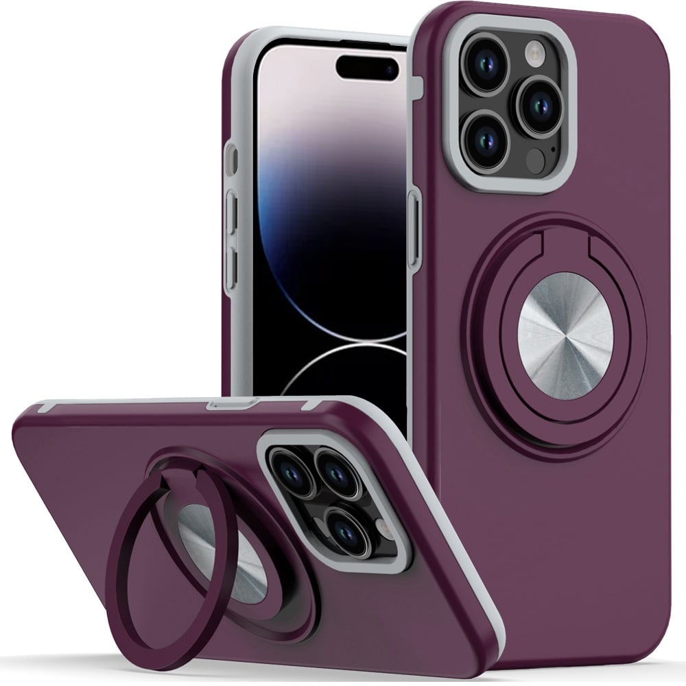 Phone Case for Apple iPhone 14 Pro Max Shockproof Magnetic Ring Stand Rotating CarMount Hybrid Metal Matte Finish AntiSlip Grip Kickstand Cover Purple
