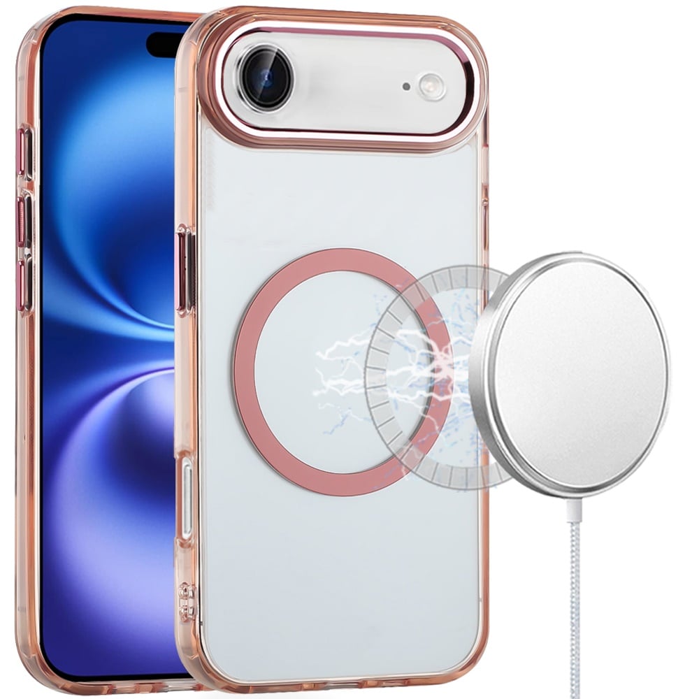For Apple iPhone 17 Air (6.6") Transparent Back Hybrid Case - Magnetic Circle, Color Frame, Metal Buttons, MagSafe Compatible Case Cover