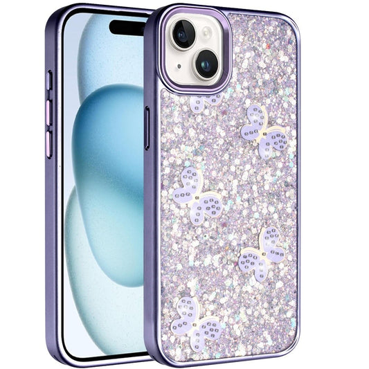 Phone Case for Apple iPhone 15 Cute Butterfly Diamond Glitter Metallic Hybrid Shockproof Shimmer Grip Stylish Protective Luxury Designer Cover Purple
