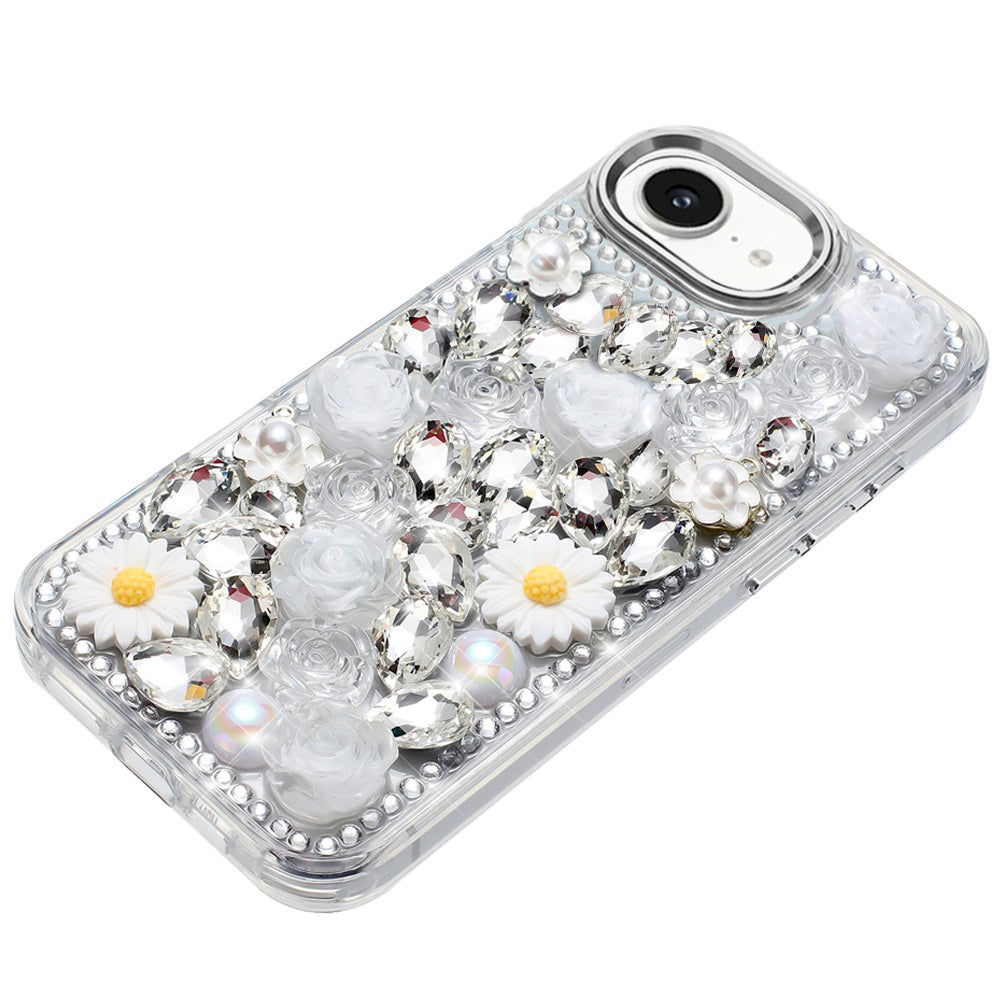 For Apple iPhone 17E /16E Fashion Daisy Floral Series, Full 3D Bling Crystal Diamonds Sparkling Rhinestone Glitter Hybrid Design Case Cover
