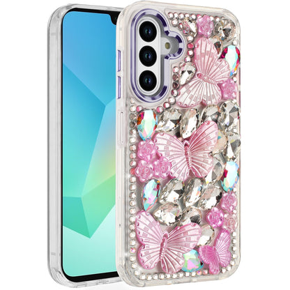 For Samsung Galaxy A36 3D Diamond Floral Butterfly Bling Stone Hybrid, Sparkly Rhinestone Gemstone Back Shockproof Case Cover