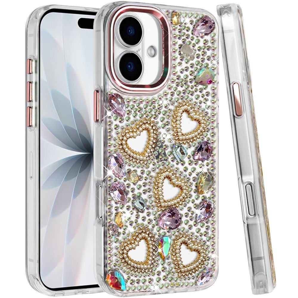 Phone Case for Apple iPhone 17 (6.3") Luxury Crystal Heart Rhinestone Diamond Bling Shockproof Hybrid Glitter Protective Stylish Durable Grip Cover Gold