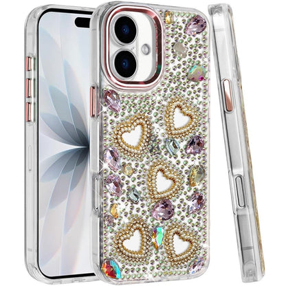 Phone Case for Apple iPhone 17 (6.3") Luxury Crystal Heart Rhinestone Diamond Bling Shockproof Hybrid Glitter Protective Stylish Durable Grip Cover Gold