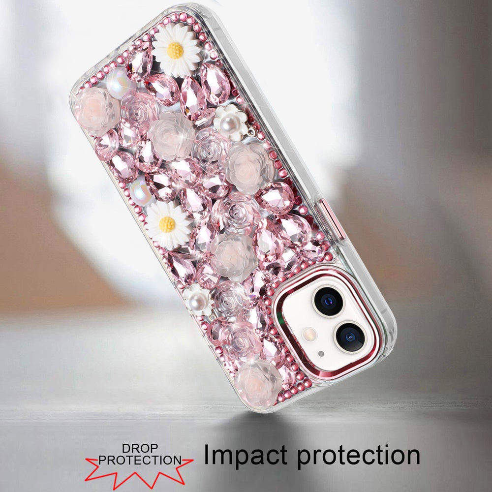 For Apple iPhone 16 (6.1") Fashion Daisy Floral Series, Full 3D Bling Crystal Diamonds Sparkling Rhinestone Glitter Hybrid Design Case Cover Pink