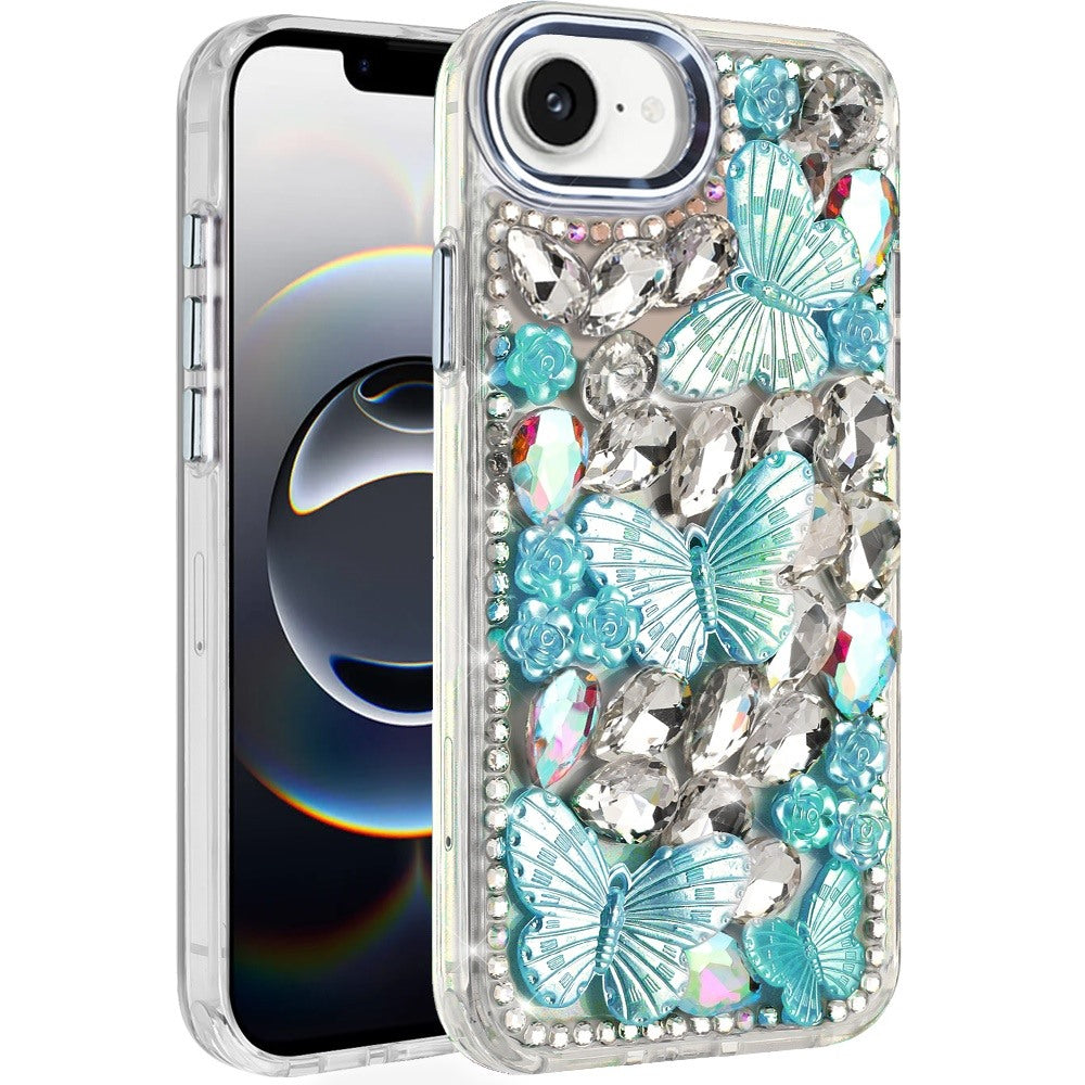 For Apple iPhone 17E /16E 3D Diamond Floral Butterfly Bling Stone Hybrid, Sparkly Rhinestone Gemstone Back Shockproof Case Cover