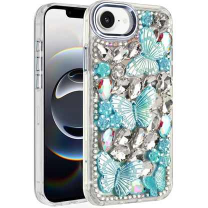 For Apple iPhone 17E /16E 3D Diamond Floral Butterfly Bling Stone Hybrid, Sparkly Rhinestone Gemstone Back Shockproof Case Cover