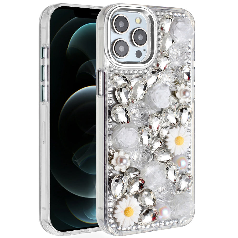 For Apple iPhone 12 /12 Pro Fashion Daisy Floral Series, Full 3D Bling Crystal Diamonds Sparkling Rhinestone Glitter Hybrid Design Case Cover