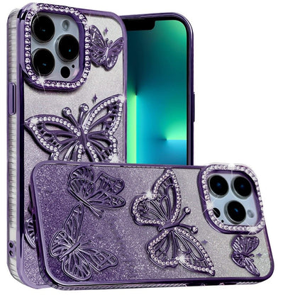 For Apple iPhone 13 Pro Max Luxury Butterfly Sparkle Glitter Diamond Crystal Rhinestone Shimmer Bling Plating Thick TPU Hard PC Case Cover