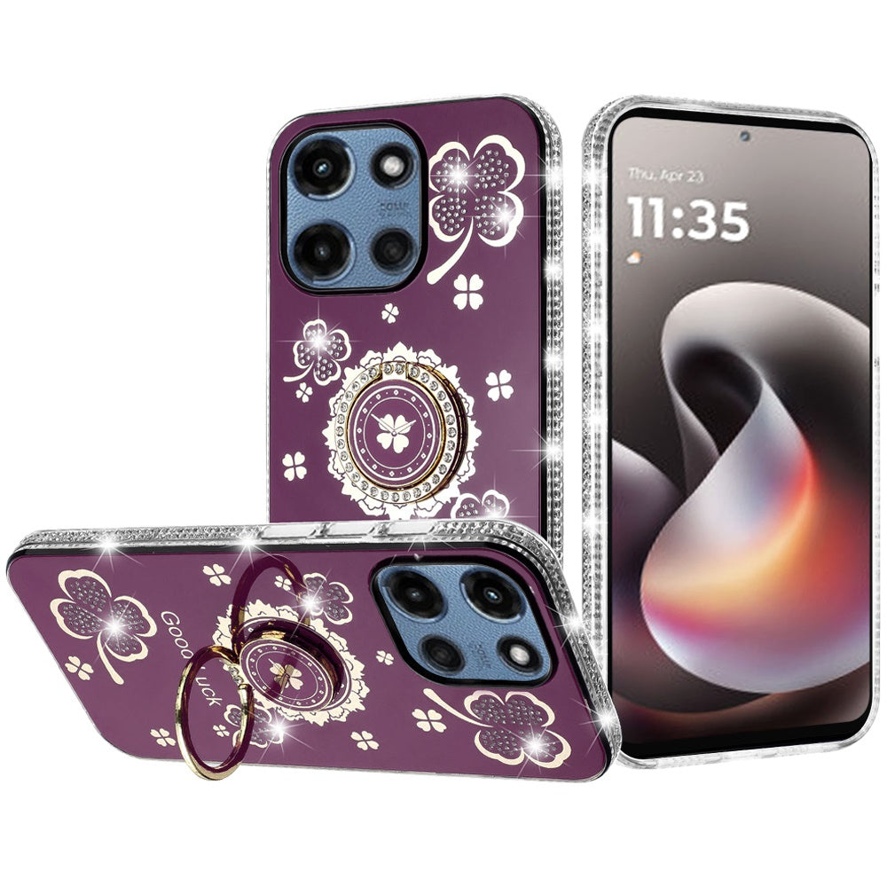 Phone Case for Moto G Stylus 5G 2026, Moto G Stylus 5G 2025 Glitter Diamond Ring Stand Sparkle Rhinestone Edge AntiSlip Kickstand Luxury Fashion Bumper Shockproof Cover Purple