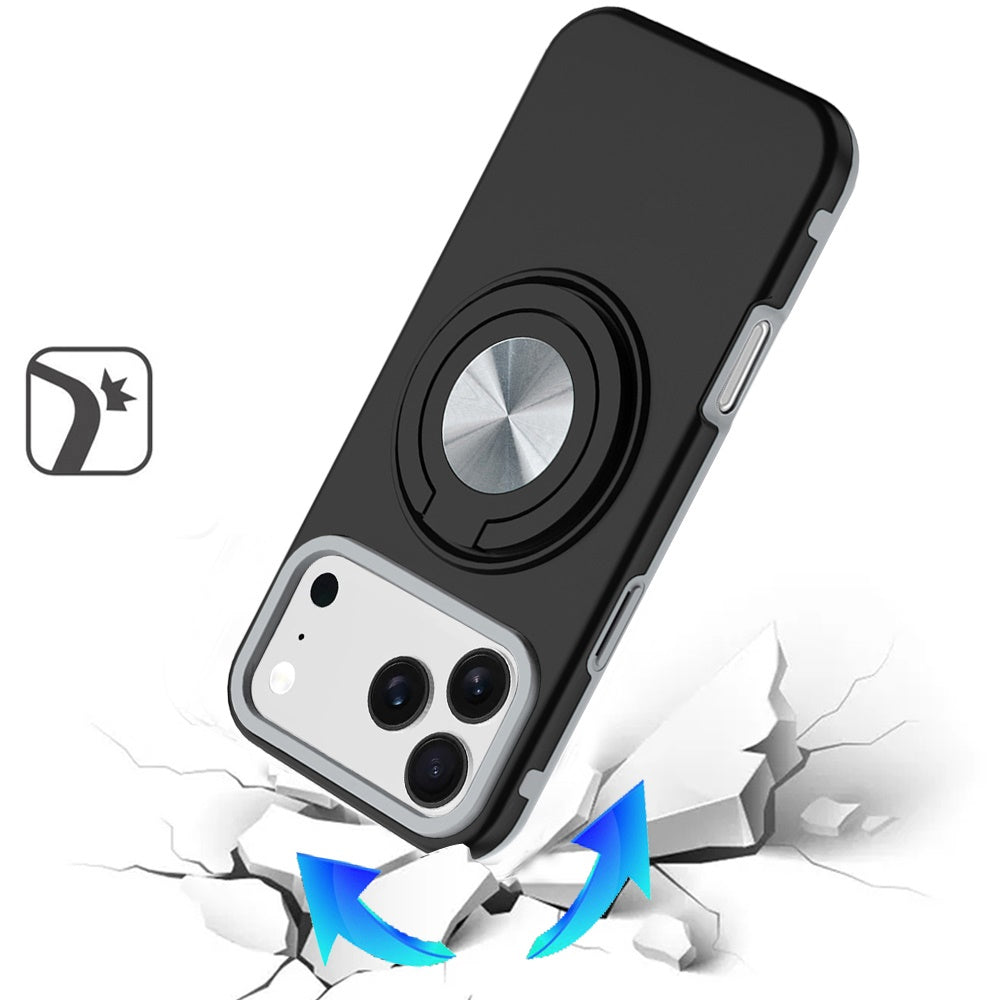 Phone Case for Apple iPhone 18 Pro Max Shockproof Magnetic Ring Stand Rotating CarMount Hybrid Metal Matte Finish AntiSlip Grip Kickstand Cover Black
