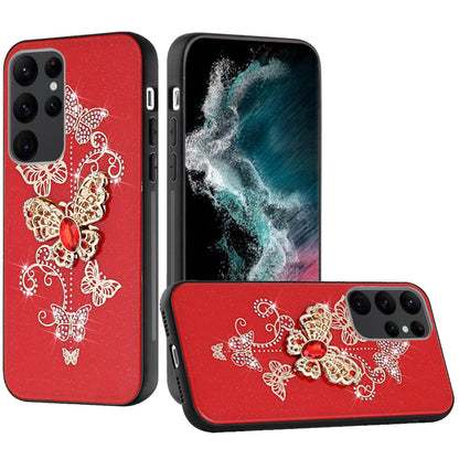 For Samsung Galaxy S24 FE Diamonds 3D Butterfly Bling Sparkly Glitter Ornaments Engraving Hybrid Metal Fashion Case Cover Red Garden Butterflies