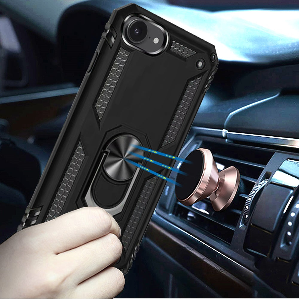 For Apple iPhone 16e Hybrid Combo Belt Clip Holster with Ring Stand Holder, Military Grade Fit Magnetic Car Mount Shockproof Case Cover Black