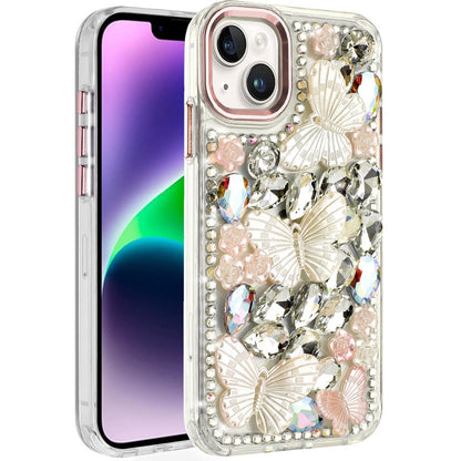 For Apple iPhone 13 Pro Max 3D Diamond Floral Butterfly Bling Stone Hybrid, Sparkly Rhinestone Gemstone Back Shockproof Case Cover