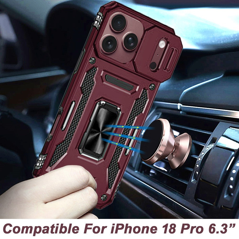Phone Case for Apple iPhone 18 Pro/ 17 Pro Tough Metal Ring Shockproof Sliding Camera Window Hybrid Armor Rugged Anti Slip Heavy Duty Grip Cover Purple