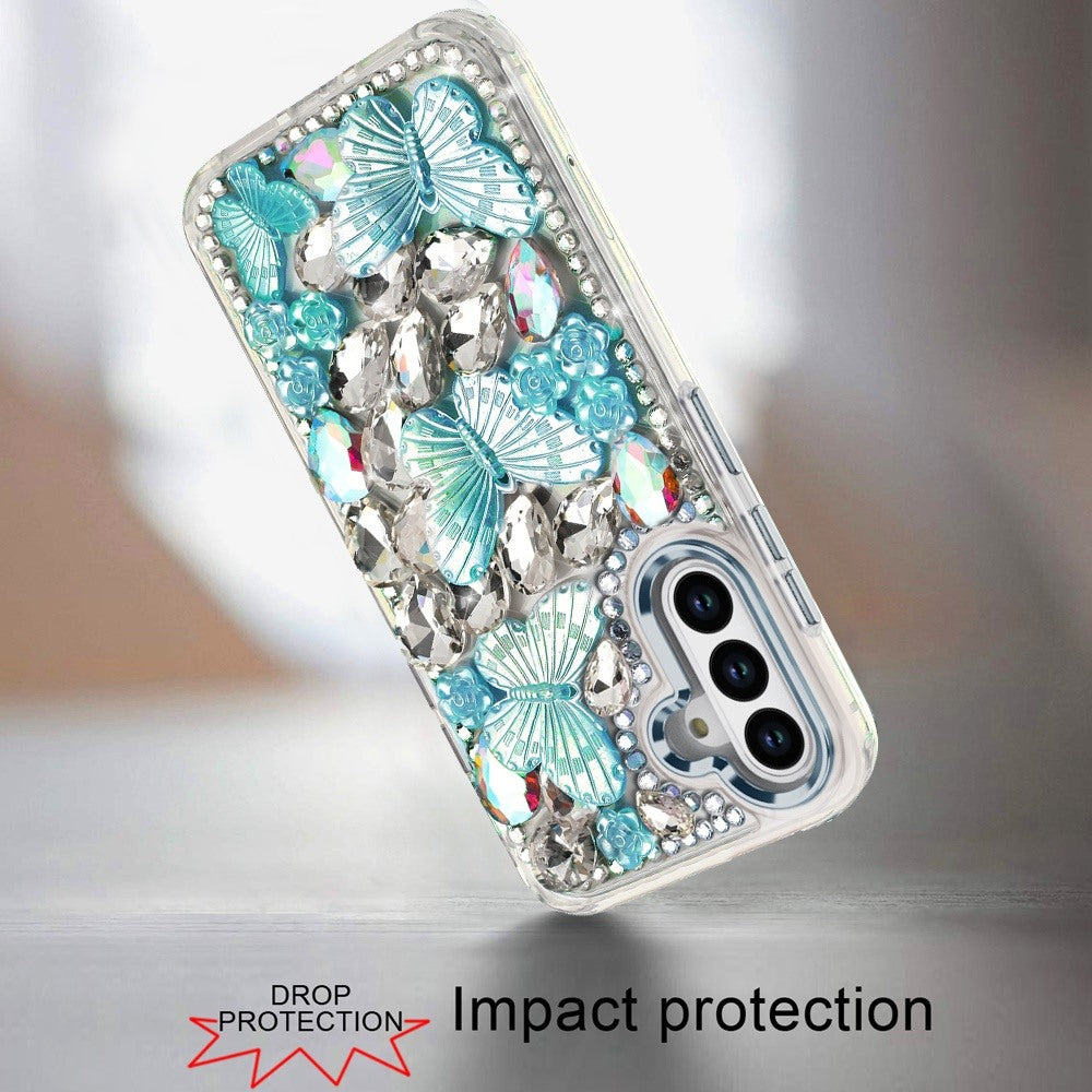 Luxury 3D Floral Butterfly Bling Rhinestone Glitter Shockproof Stylish Protective Hybrid Designer Metallic