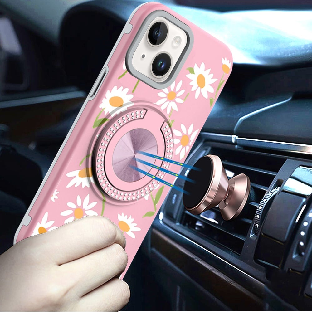 Phone Case for Apple iPhone 14/13 Magnetic Ring Stand Matte Metal Hybrid Car Mount Friendly Shockproof Rotational Grip Diamond Design Pattern Cover