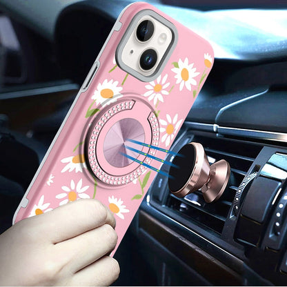 Phone Case for Apple iPhone 14/13 Magnetic Ring Stand Matte Metal Hybrid Car Mount Friendly Shockproof Rotational Grip Diamond Design Pattern Cover