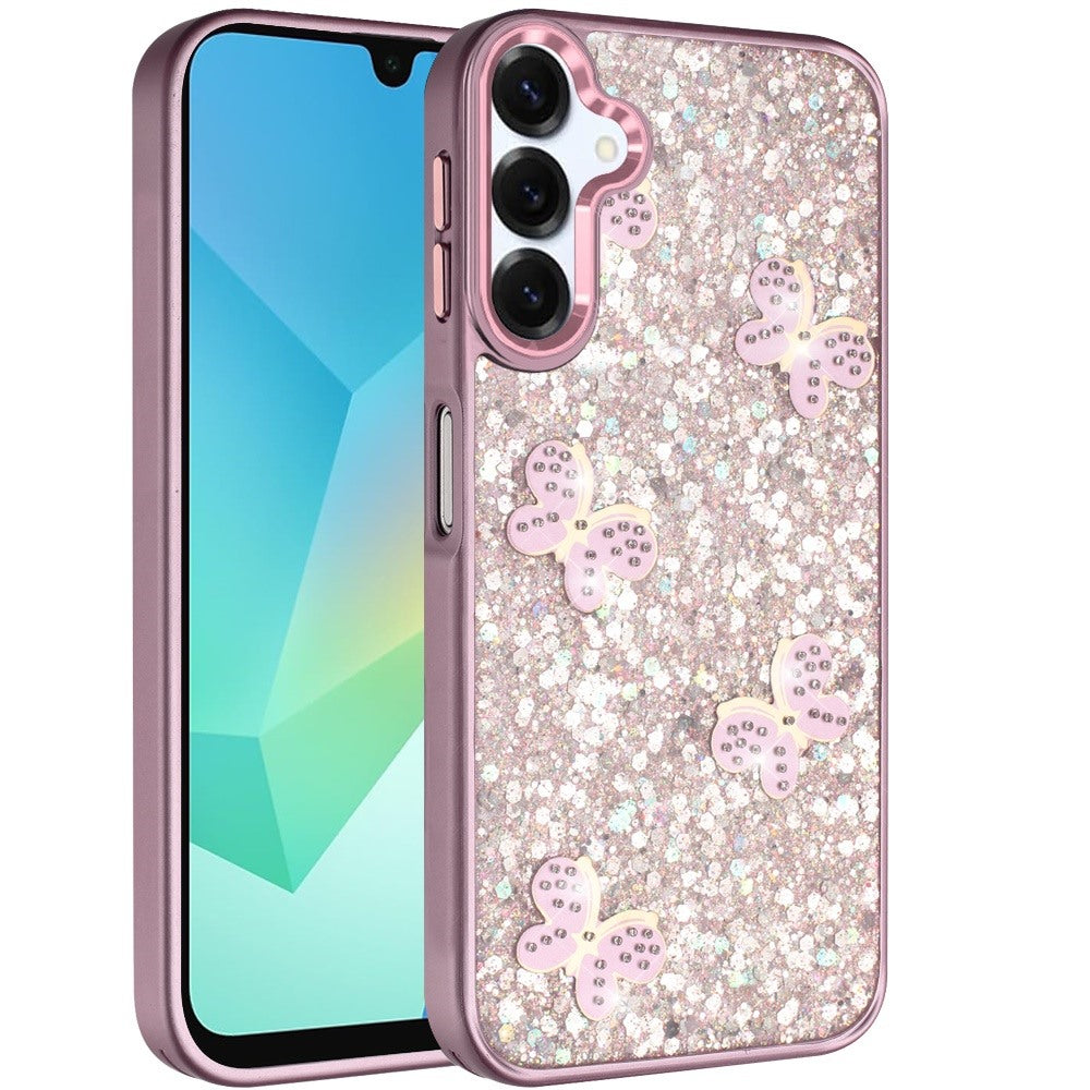 For Samsung Galaxy A16 5G Cute Butterfly Crystal Diamond Glitter Case Sparkle Bling Frame Metallic Edges, Shimmer TPU Hybrid Case Cover