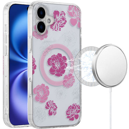 For Apple iPhone 17 Stylish Pattern Fashion IMD Printed Design TPU Double Layer Slim Shockproof with Magnetic Back Case Cover Hot Pink Flower