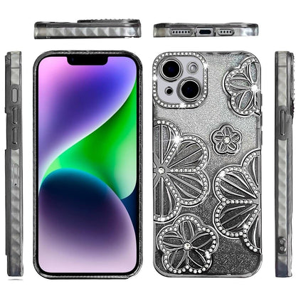 For iPhone 14/13 (6.1") Luxury Flower Design Sparkle Glitter Diamond Rhinestone Shimmer Bling Plating Thick TPU Hard PC Case Cover