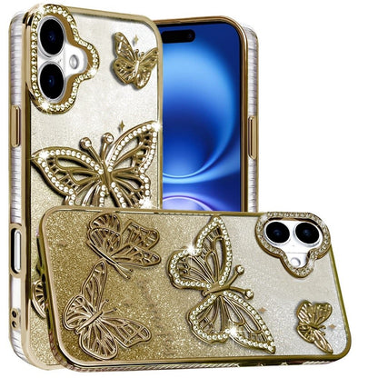 For Apple iPhone 17 (6.3") Luxury Butterfly Sparkle Glitter Diamond Crystal Rhinestone Shimmer Bling Plating Thick TPU Hard PC Case Cover