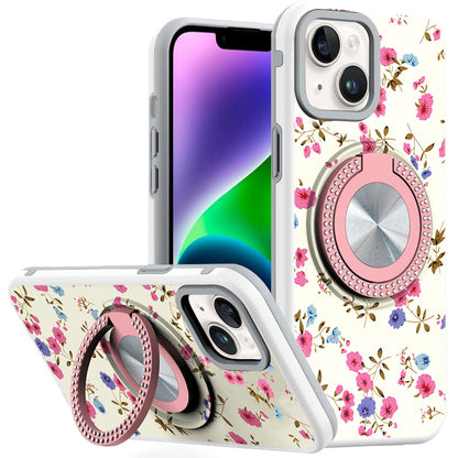 Phone Case for iPhone 14/13 Magnetic Ring Stand Matte Metal Hybrid Car Mount Friendly Shockproof Rotational Grip Diamond Design Pattern Cover