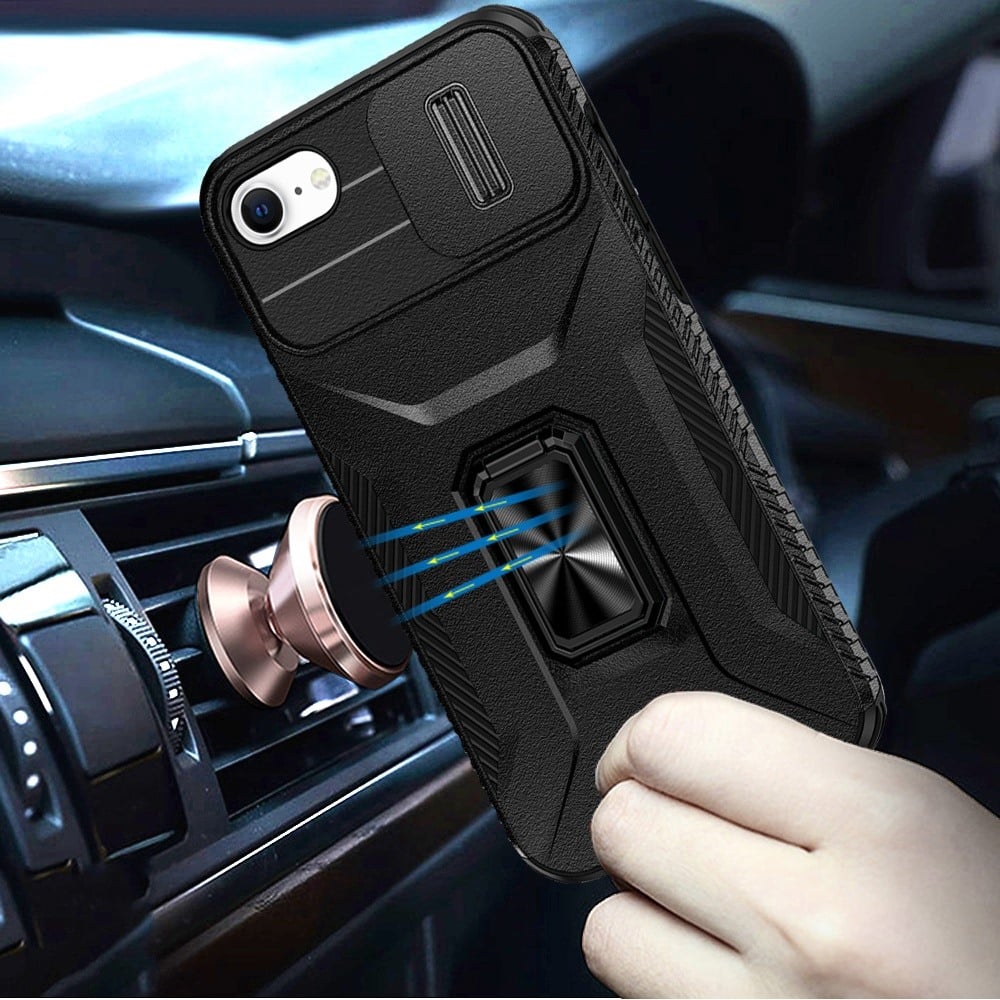 Phone Case for Apple iPhone SE 3 (2022) SE/8/7 Magnetic Ring Stand Camera Protection Shockproof Heavy Duty Kickstand Rugged Grip Anti Scratch Hybrid Cover Black