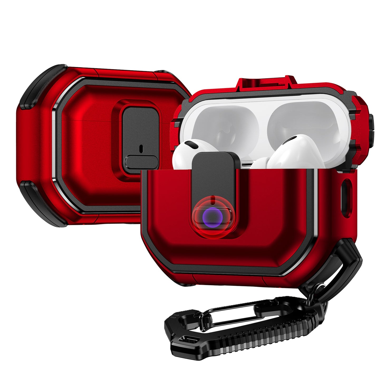 For Airpods 4 Heavy Duty Hybrid Snap Switch Button, Secure Lock Clip Super Protective with Carabiner Belt Loop Case Cover
