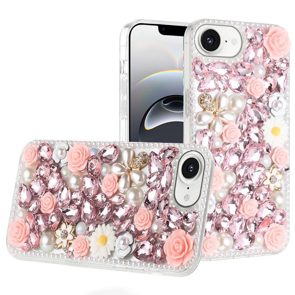 For Apple iPhone 17E /16E Fashion Rose Flower Floral, 3D Bling Crystal Full Diamonds Pearl Sparkle Rhinestone Glitter Hybrid Case Cover Pink