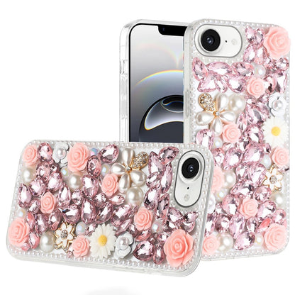 For Apple iPhone 17E /16E Fashion Rose Flower Floral, 3D Bling Crystal Full Diamonds Pearl Sparkle Rhinestone Glitter Hybrid Case Cover Pink